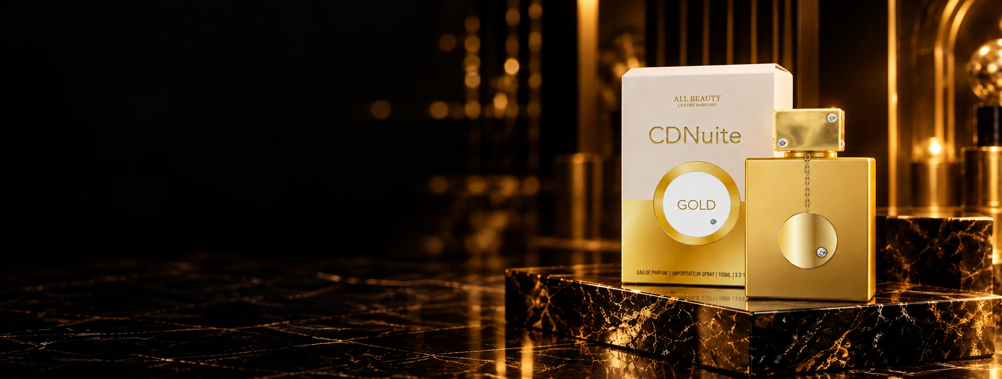 Perfume CDNuite Gold con su caja, sobre mármol negro con luz dorada