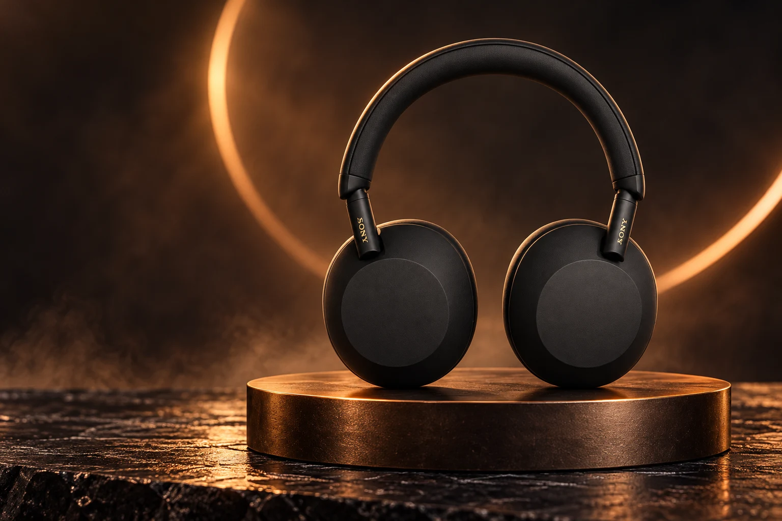 Auriculares negros sobre una base de bronce, con iluminación cálida